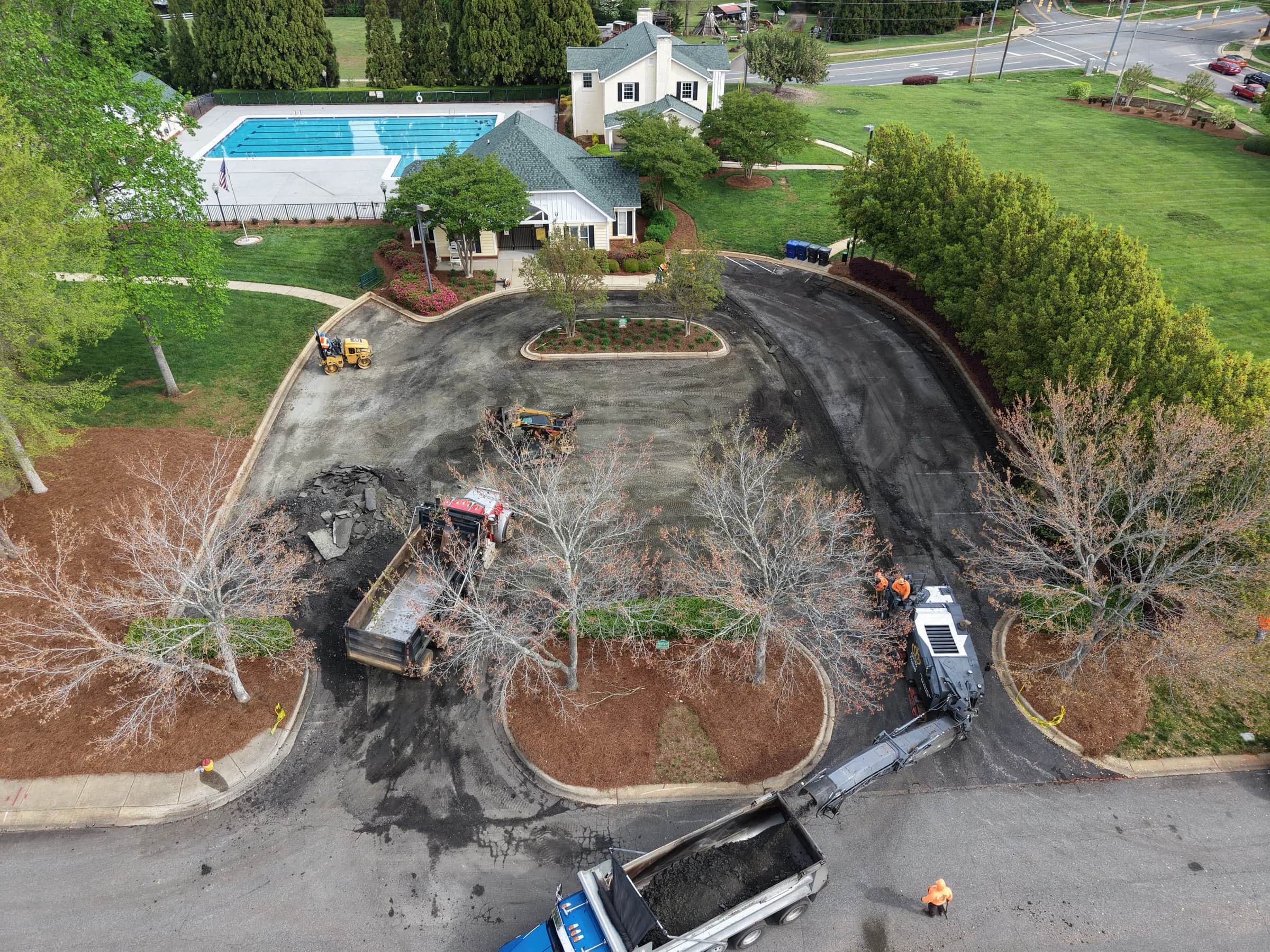 Aerial view of a completed Crown Paving lot, striped with accessible stalls