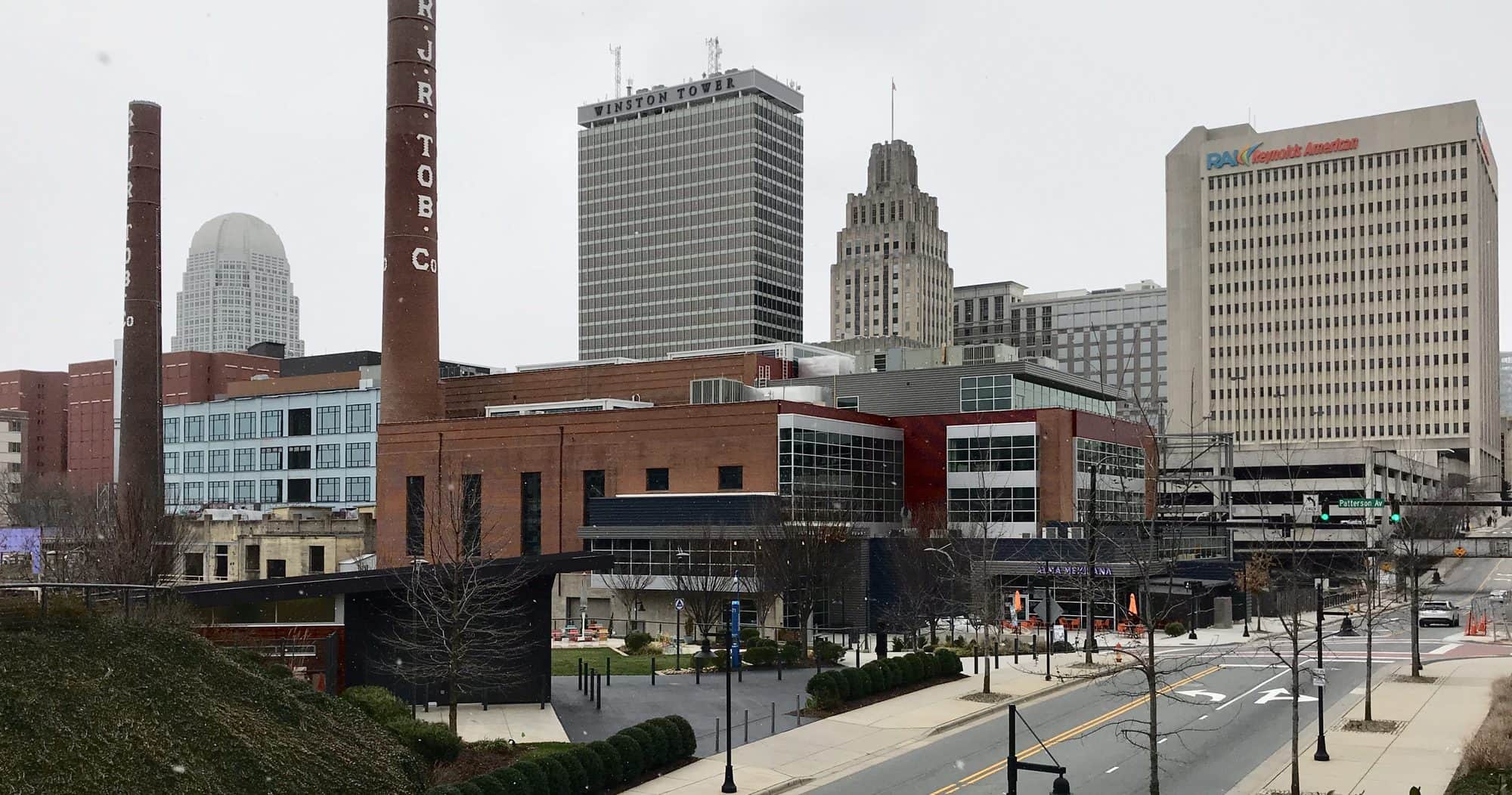Downtown Winston-Salem behind the old R. J. Reynolds smokestacks