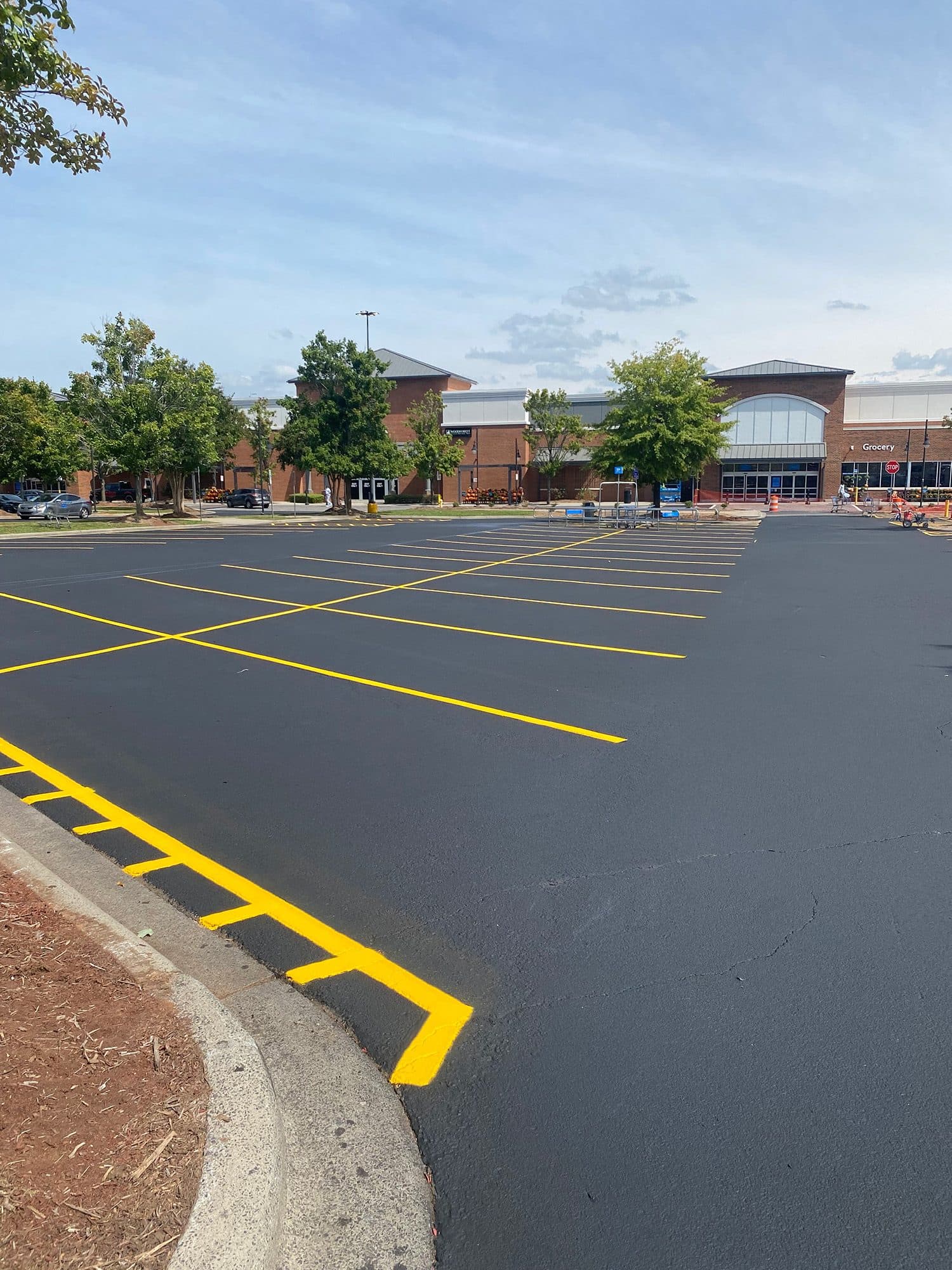 Newly striped grocery store parking lanes