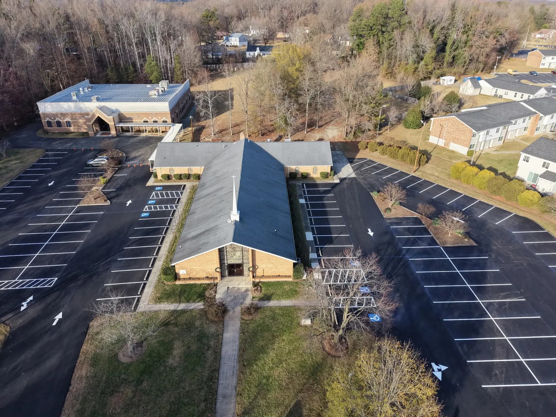 Aerial view of a completed lot serving a place of worship