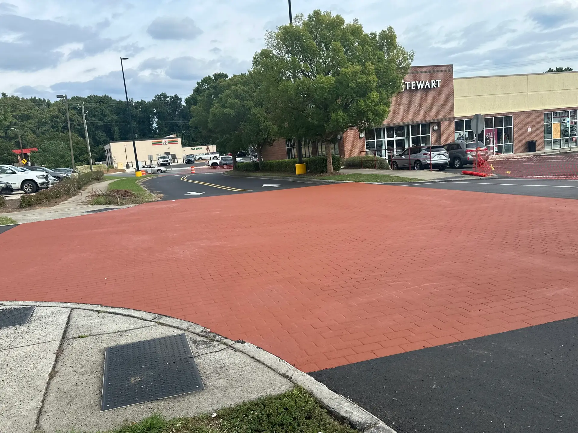Decorative stamped asphalt detail in a Walmart drive lane