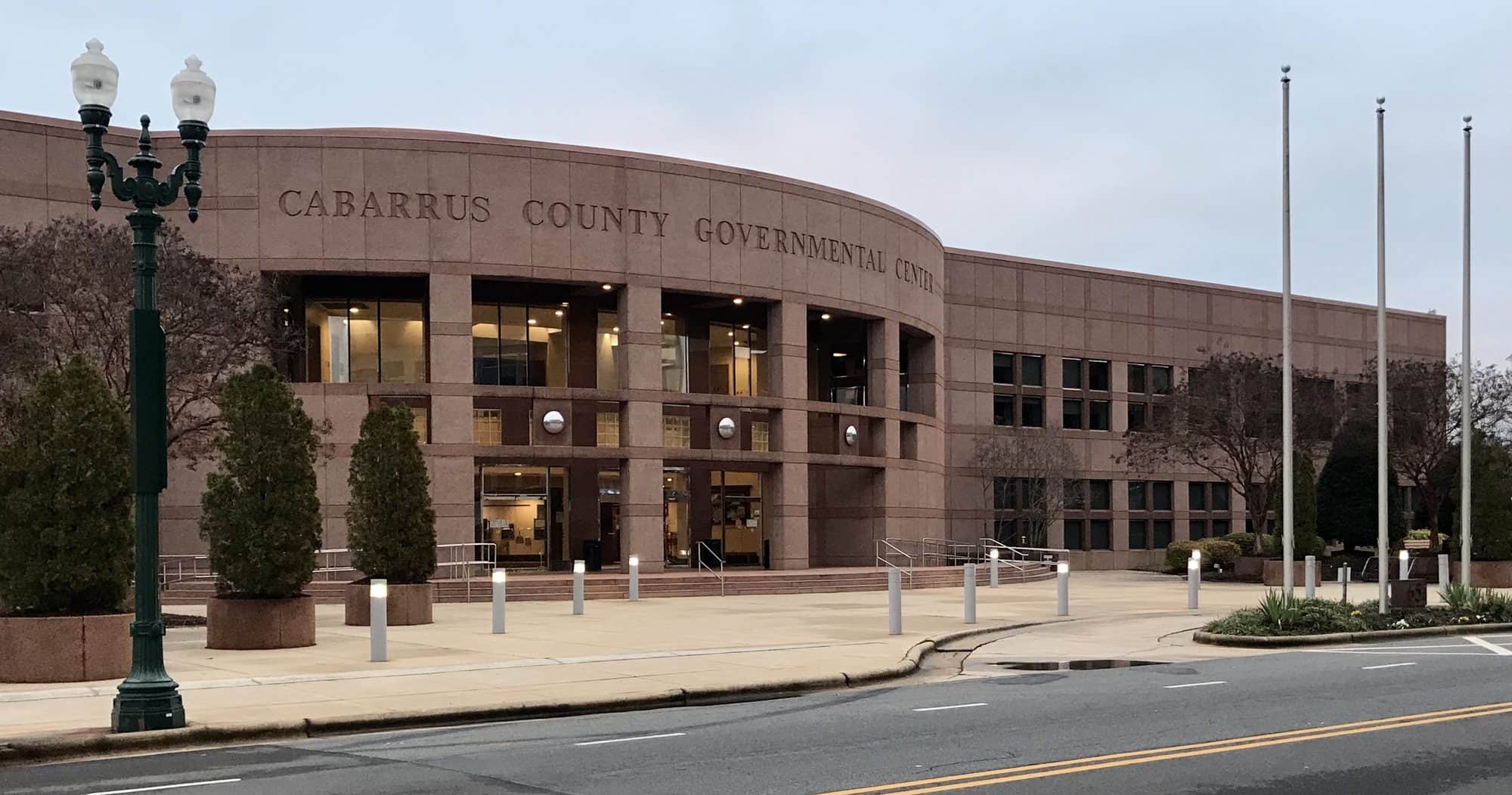 The Cabarrus County Governmental Center in downtown Concord at dusk